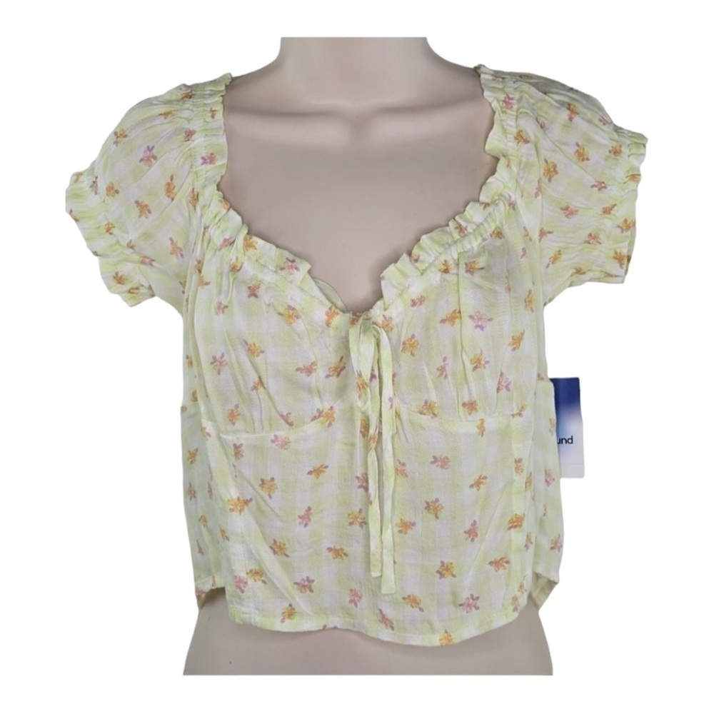 Abound Womens Green Limecream Picnic Check Cropped Top